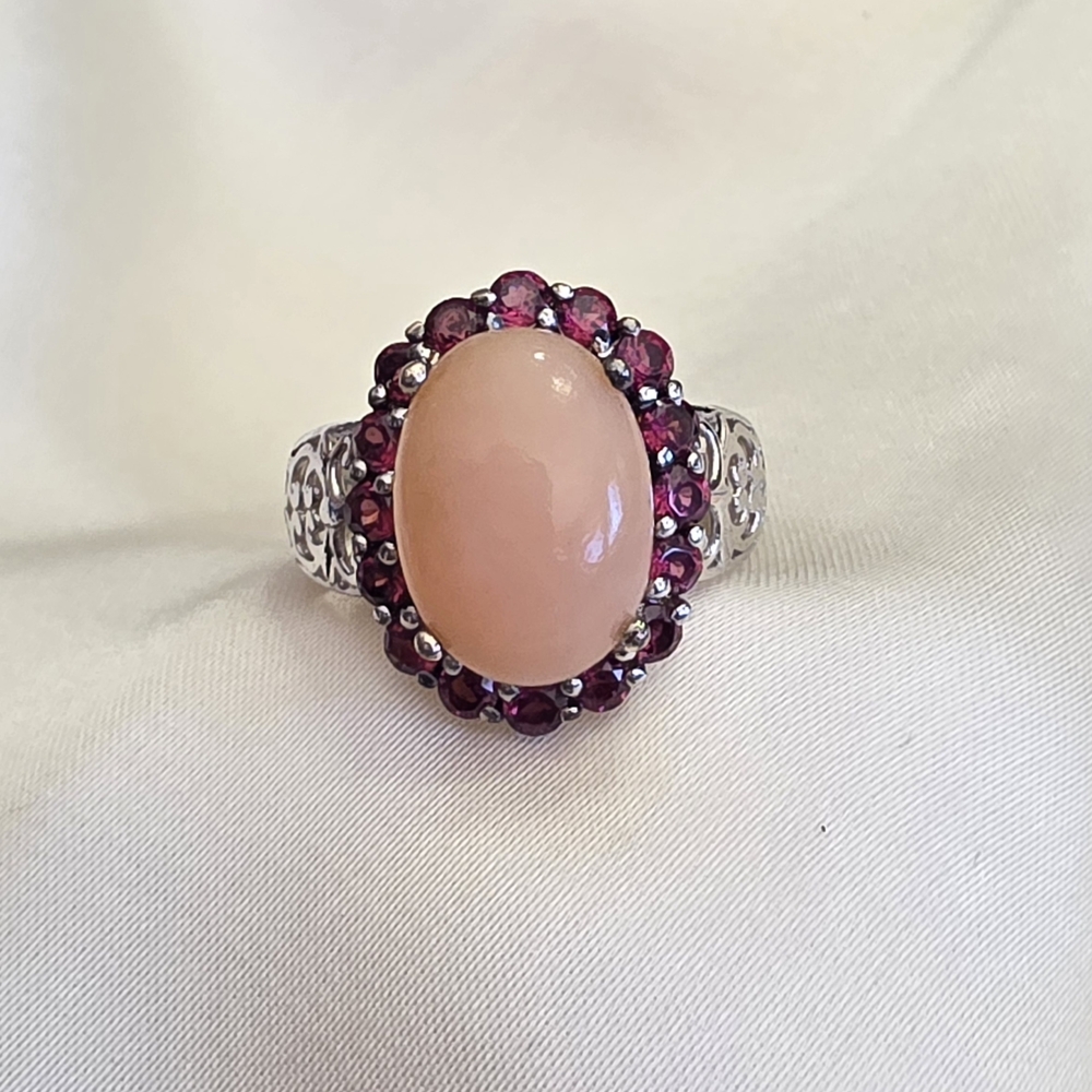 Peruvian Pink Opal, Orissa Rhodolite Garnet Platinum Over St. Silver Ring- Sz 6
